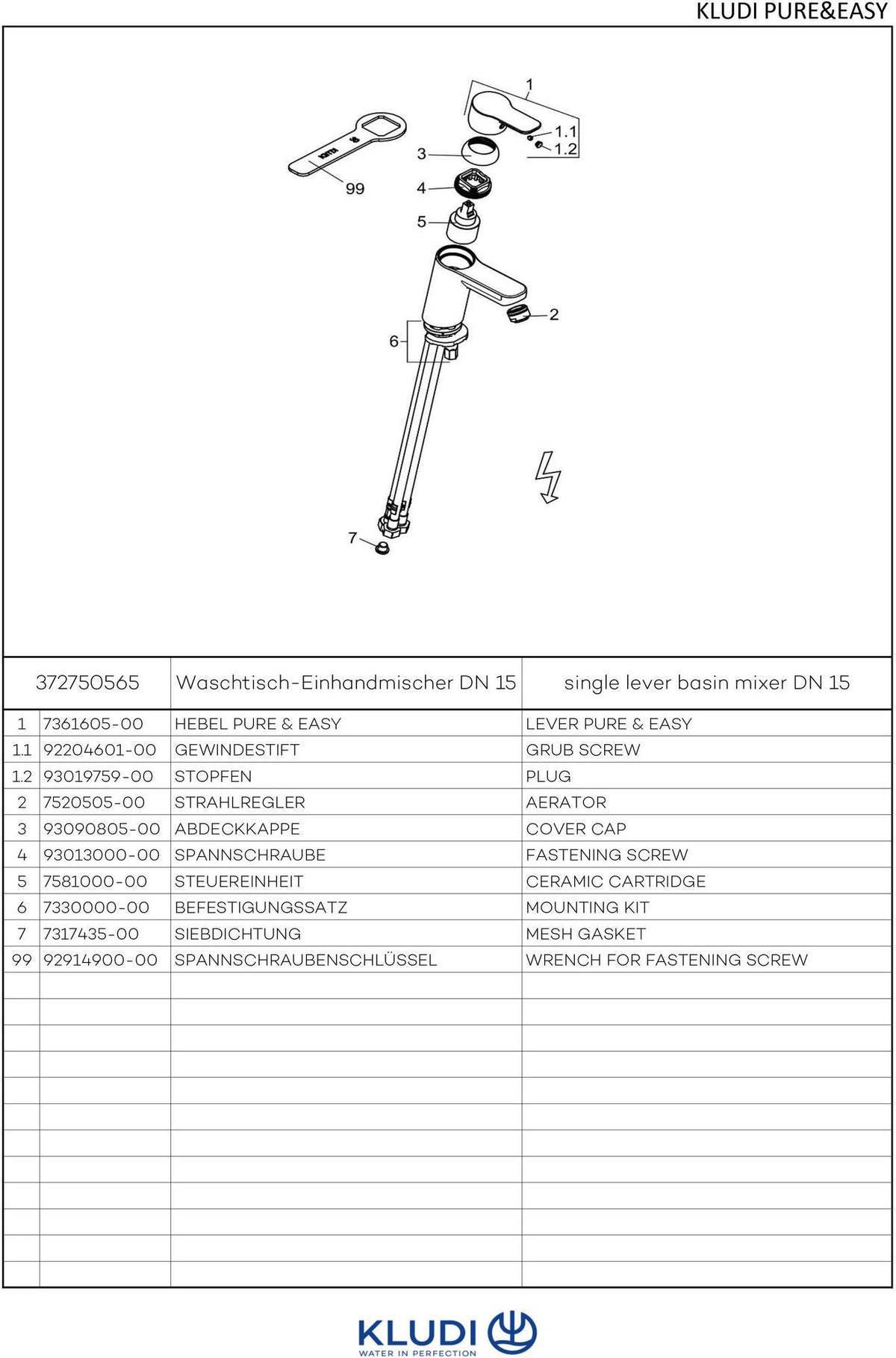 KLUDI PURE&EASY Waschtisch-Einhandmischer 70 DN 15 Niederdruck Chrom – 1-Loch-Montage