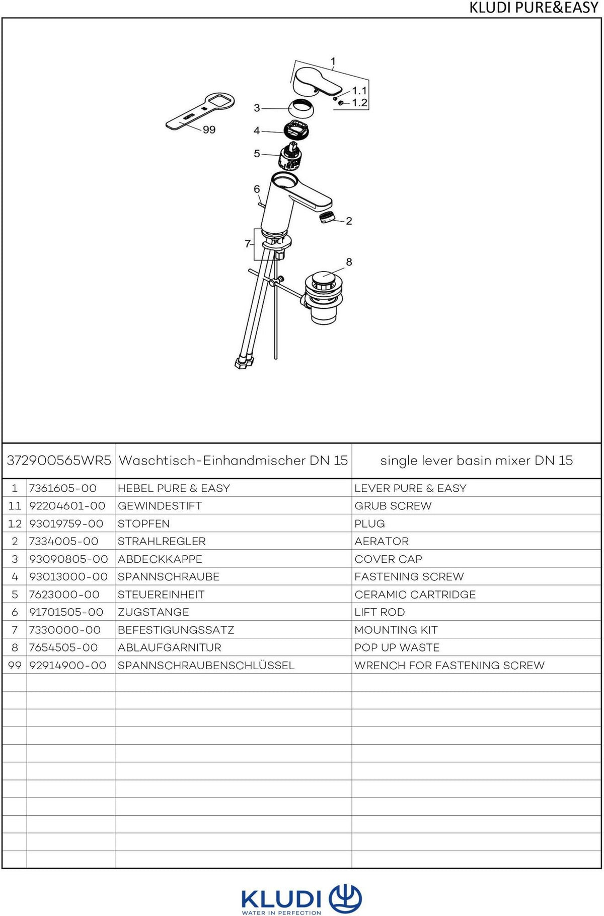 KLUDI PURE&EASY Waschtisch-Einhandmischer 100 DN 15 – 3,8 l/min mit Metall-Ablaufgarnitur, Chrom