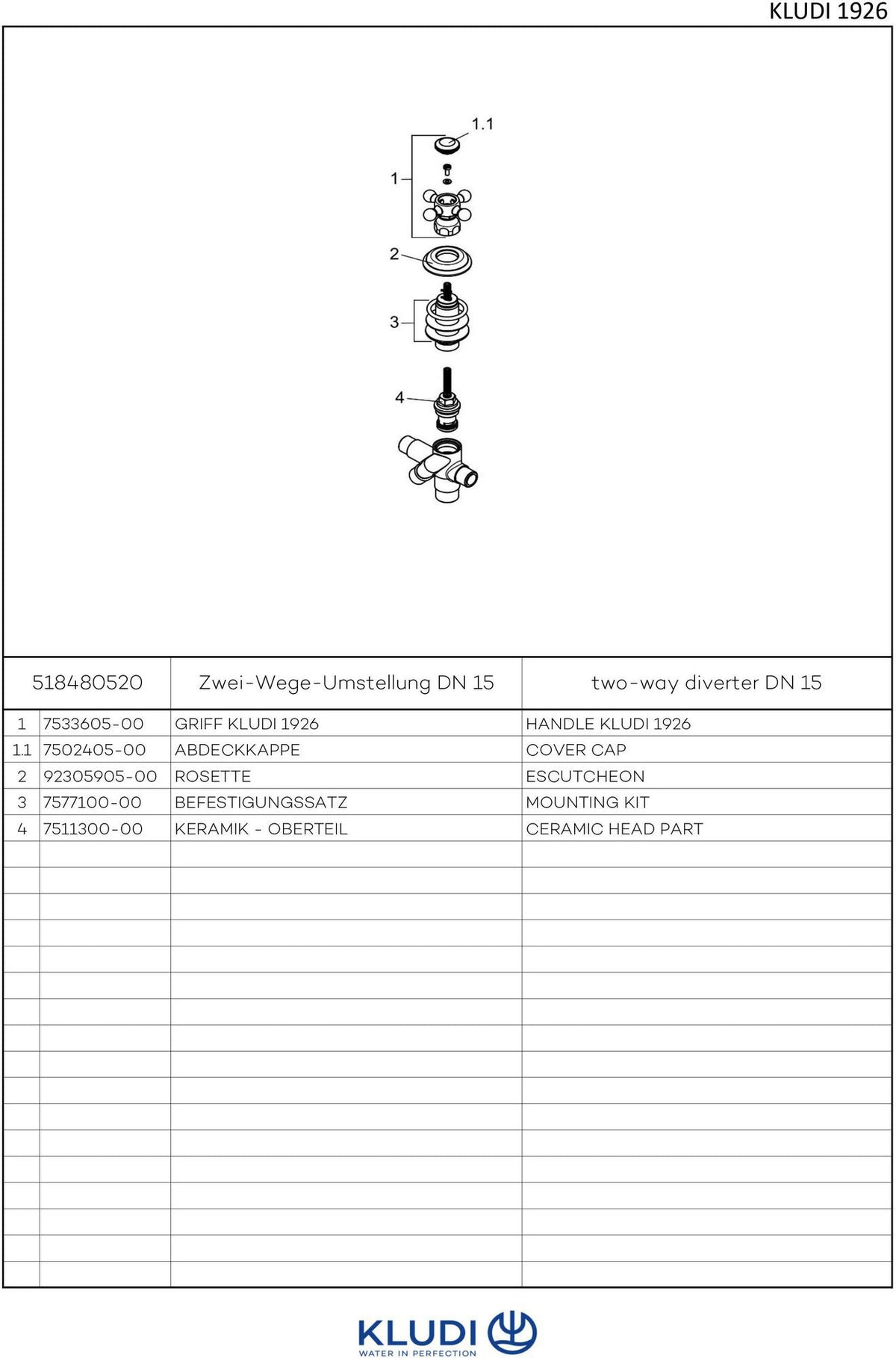 KLUDI 1926 2-Wege-Umstellung Standmontage Chrom – Kreuzgriff, Keramik-Oberteil, DN 15