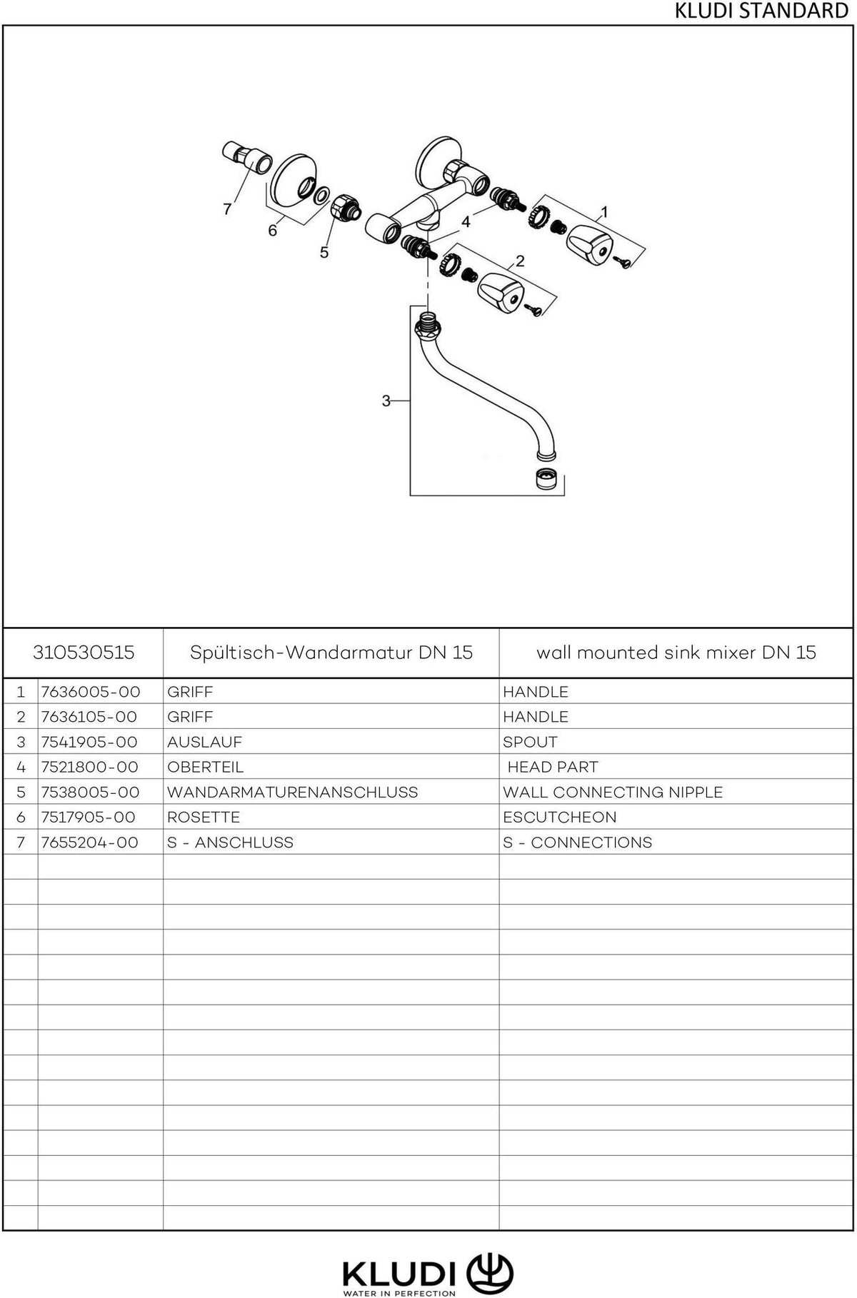 KLUDI STANDARD Spültisch-Wandarmatur DN 15 mit 250 mm Ausladung, Terralux-Griff, Chrom