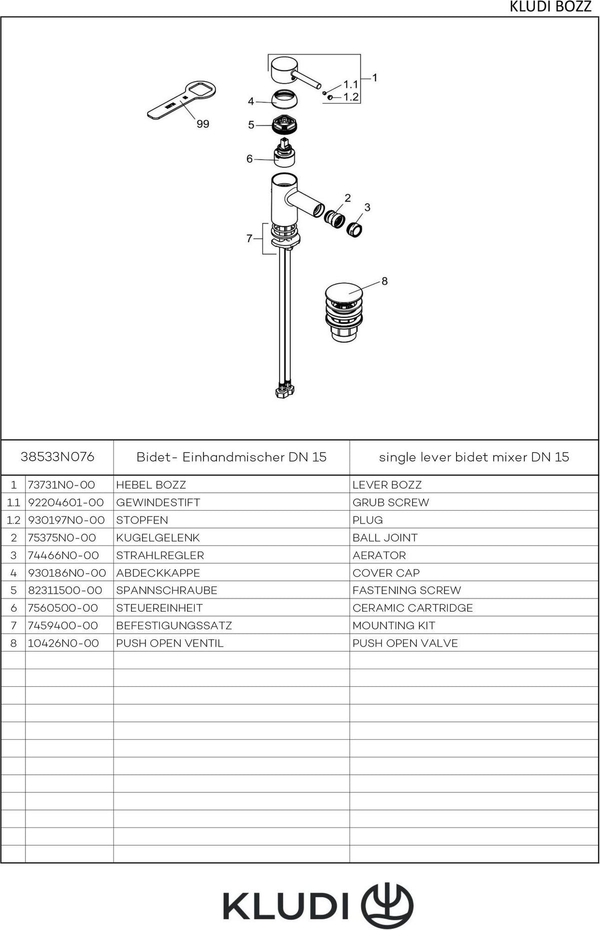 KLUDI BOZZ Bidet-Einhandmischer mit Zugstangen-Ablaufgarnitur, chrom