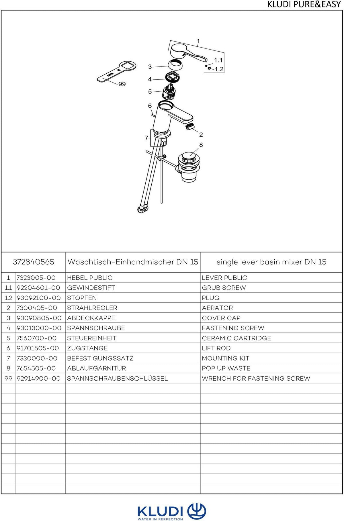 KLUDI PURE&EASY Care Waschtisch-Einhandmischer 70 mit Public Hebel, chrom – inkl. Ablaufgarnitur