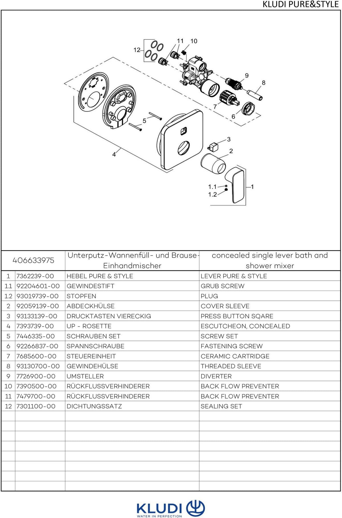 KLUDI PURE&STYLE Unterputz-Wannenfüll- und Brause-Einhandmischer mit Push&Switch Funktionseinheit, Chrom