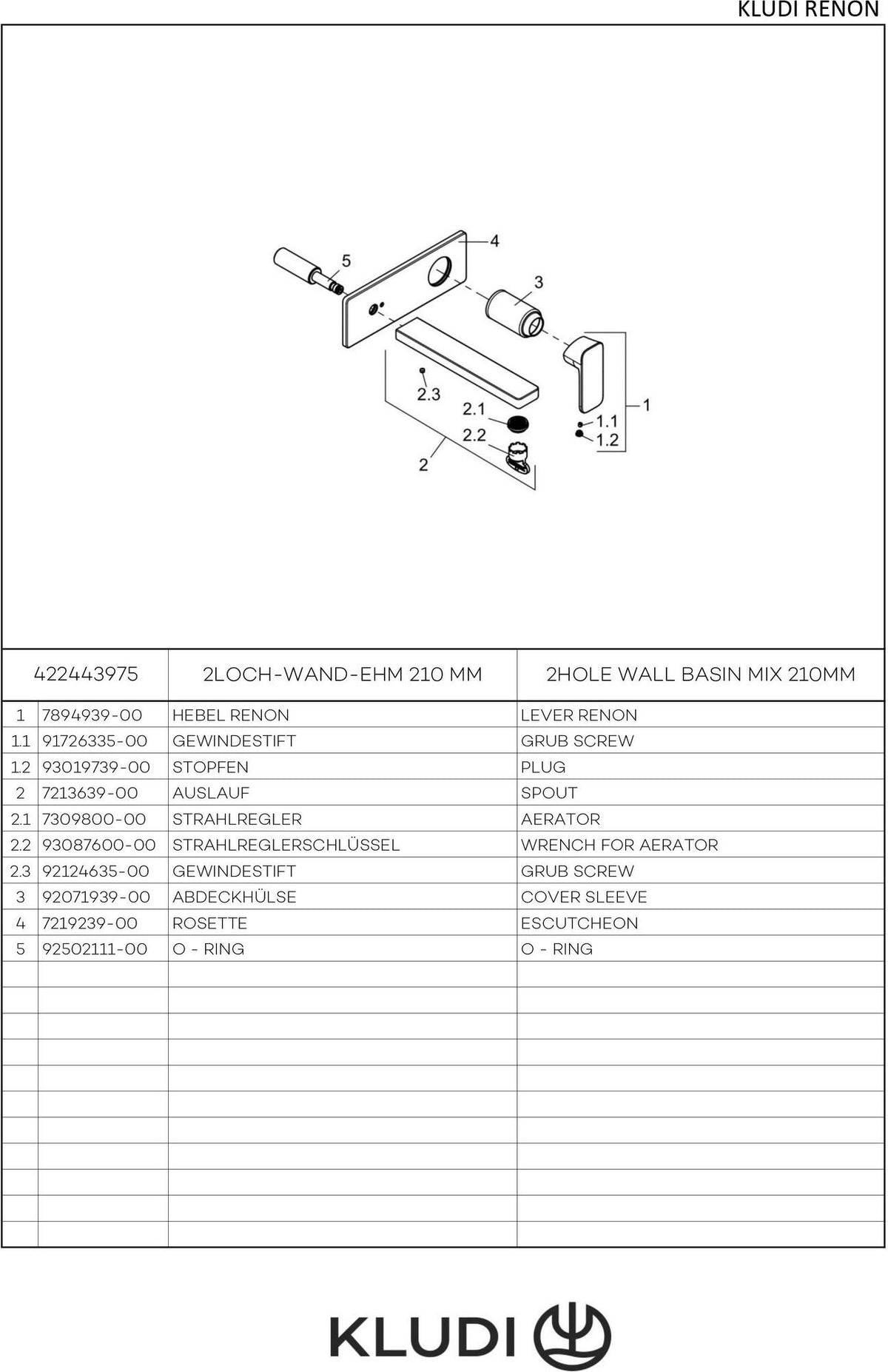 KLUDI RENON 2-Loch-Wand-Einhandmischer 210 mm Chrom – Unterputz-Armatur für Waschtisch