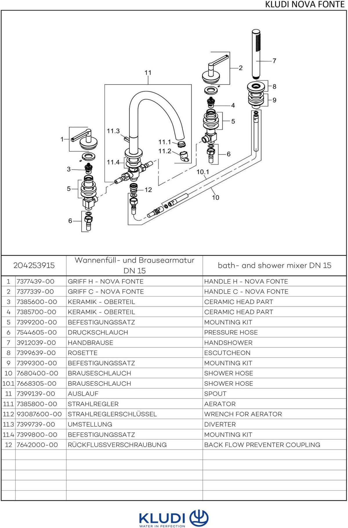 KLUDI NOVA FONTE 4-Loch Wannenarmatur PURISTIC Chrom – herausziehbare Brause & Keramik-Oberteile