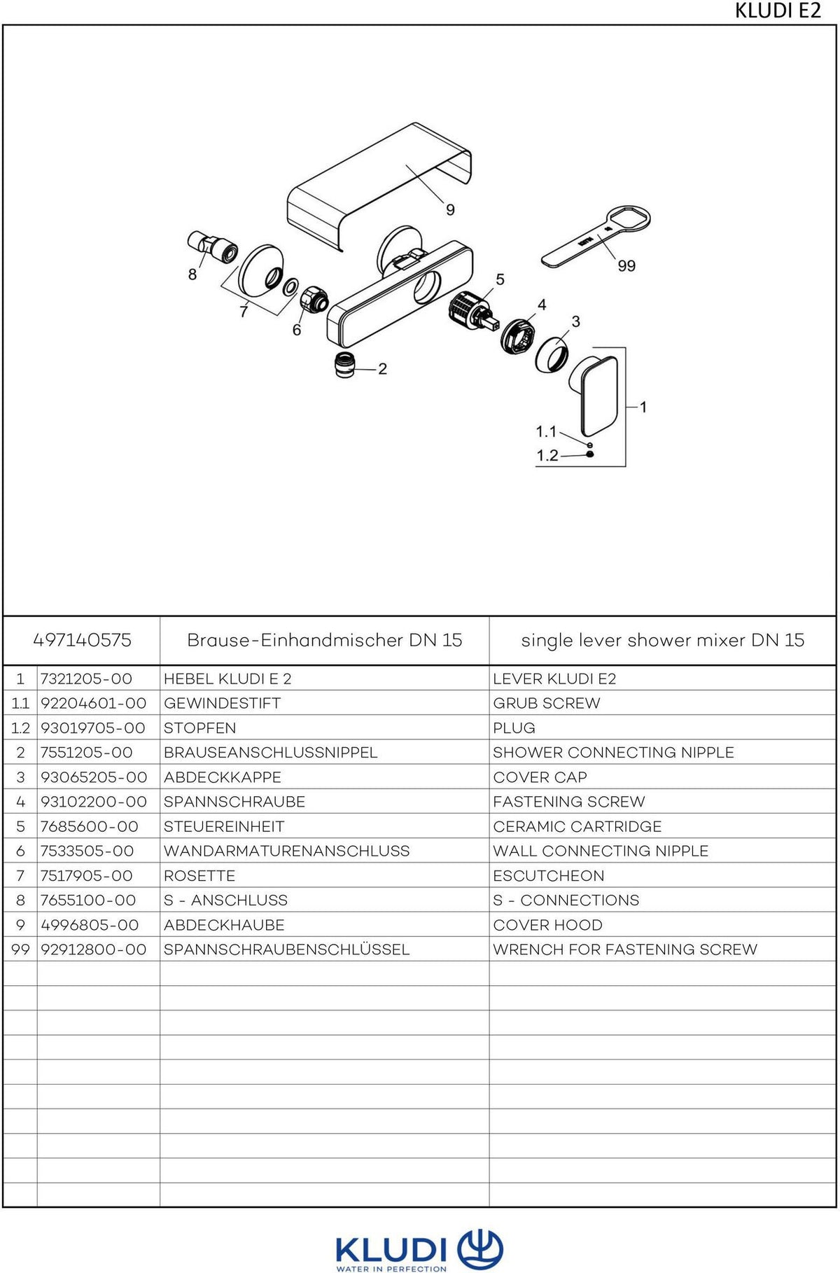 KLUDI Brause-Einhandmischer E2 DN 15 Chrom – Wandmontage mit Keramik-Kartusche