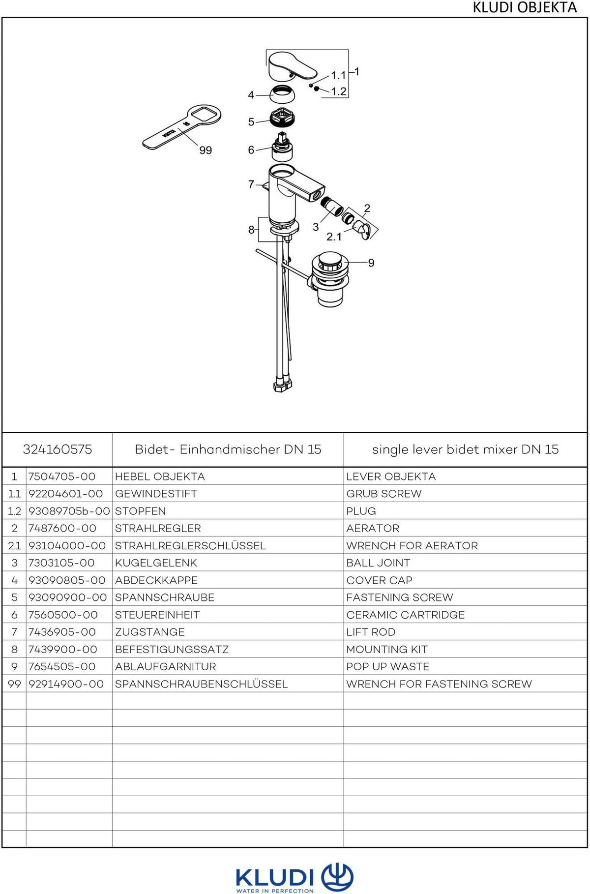 KLUDI OBJEKTA Bidet-Einhandmischer DN 15 mit Ablaufgarnitur – Chrom