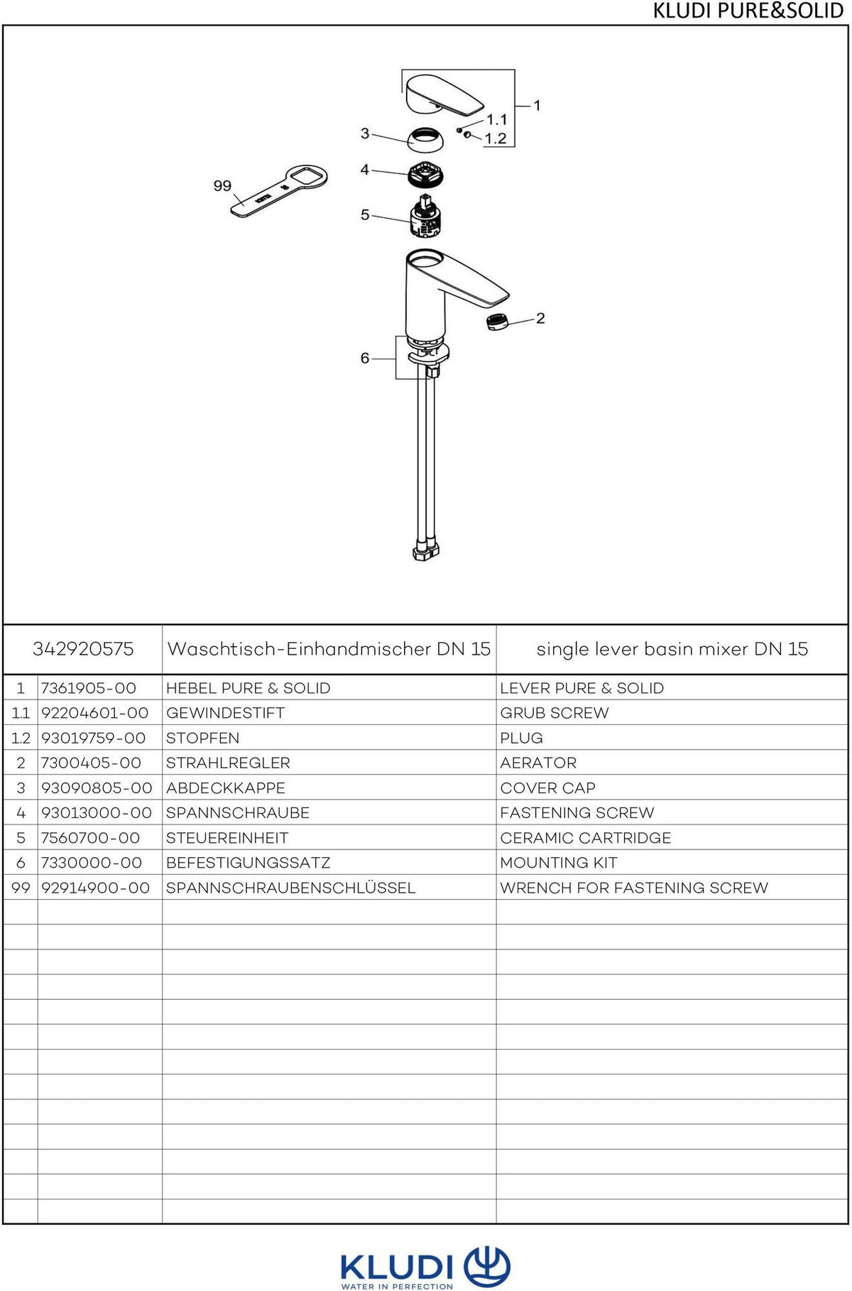KLUDI PURE&SOLID Waschtisch-Einhandhebelmischer 100 DN 15 chrom ohne Ablaufgarnitur