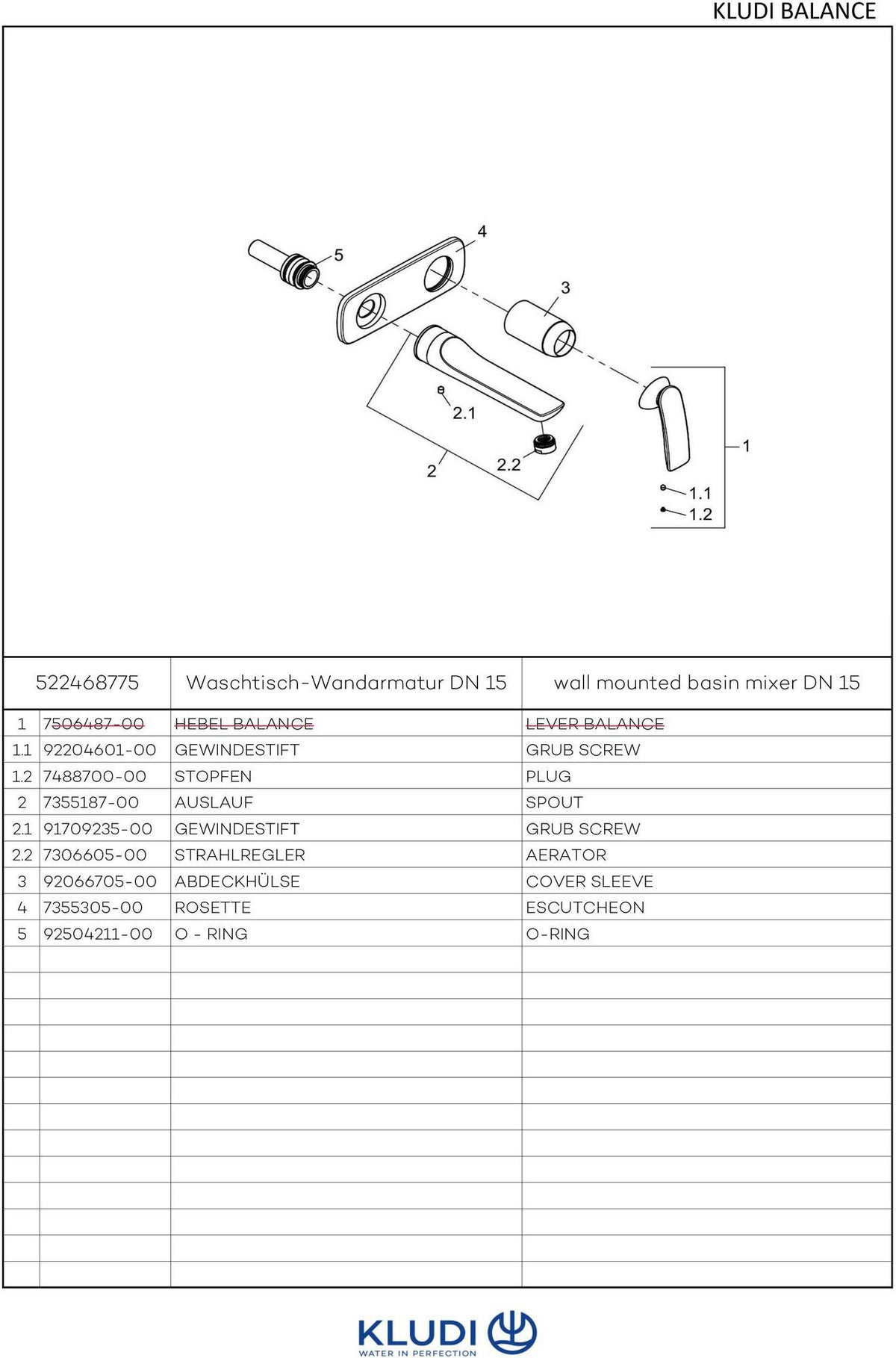 KLUDI BALANCE 2-Loch-Waschtisch-Wand-Einhandmischer, Ausladung 185 mm, weiß/chrom