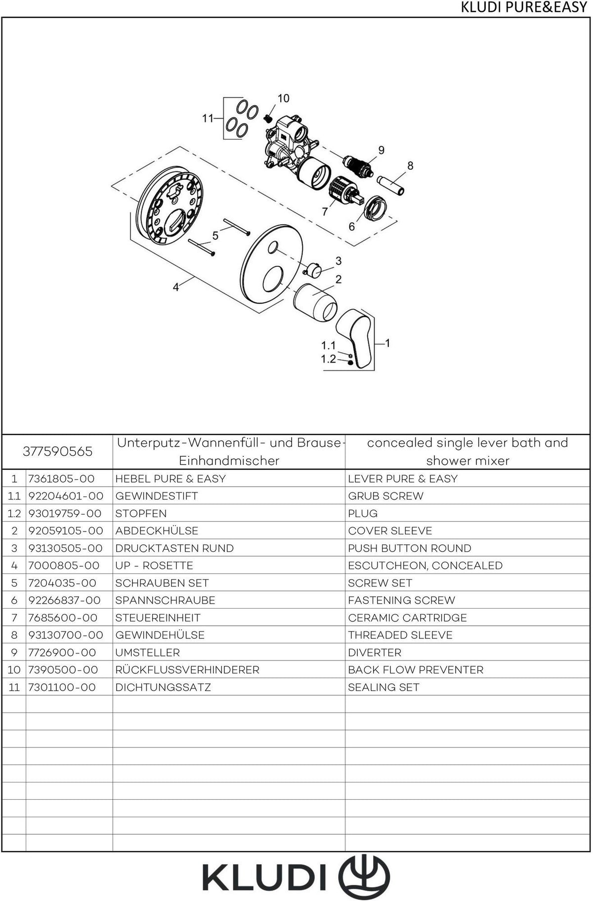 KLUDI PURE&EASY Unterputz-Wannenfüll- und Brause-Einhandmischer mit Push&Switch Funktionseinheit, Chrom