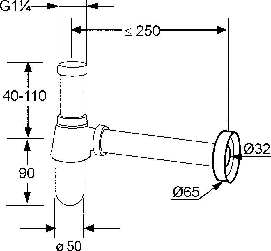 KLUDI Flaschen-Siphon BAD SIFONE DN 32 1 1/4 Zoll x 32 mm verchromt mit Rosette und Wandrohr