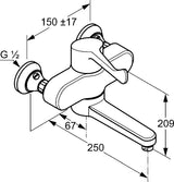KLUDI MEDI CARE Wandarmatur Einhandmischer mit absperrbaren S-Anschlüssen, 250 mm Ausladung, Chrom