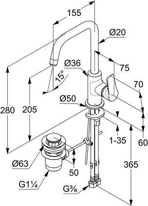 KLUDI PURE&SOLID Waschtisch-Einhandmischer DN 15 mit Metall-Ablaufgarnitur, chrom