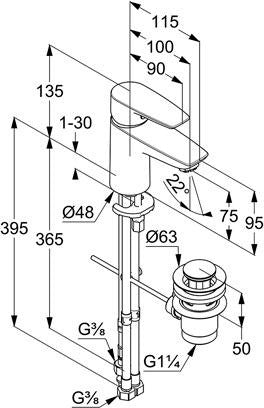 KLUDI PURE&SOLID Waschtisch-Einhandmischer 75 DN 15 Niederdruck mit Metallablaufgarnitur chrom