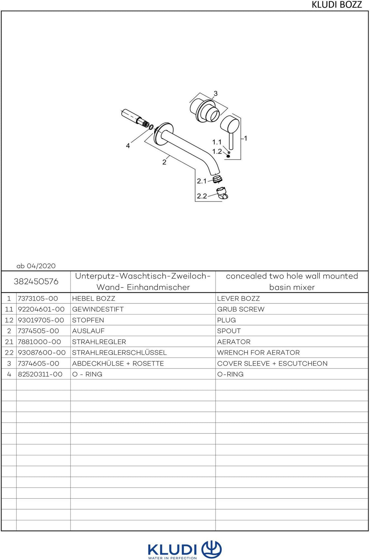 KLUDI BOZZ Waschtisch-Einhandmischer Unterputz 2-Loch chrom Ausladung 230 mm