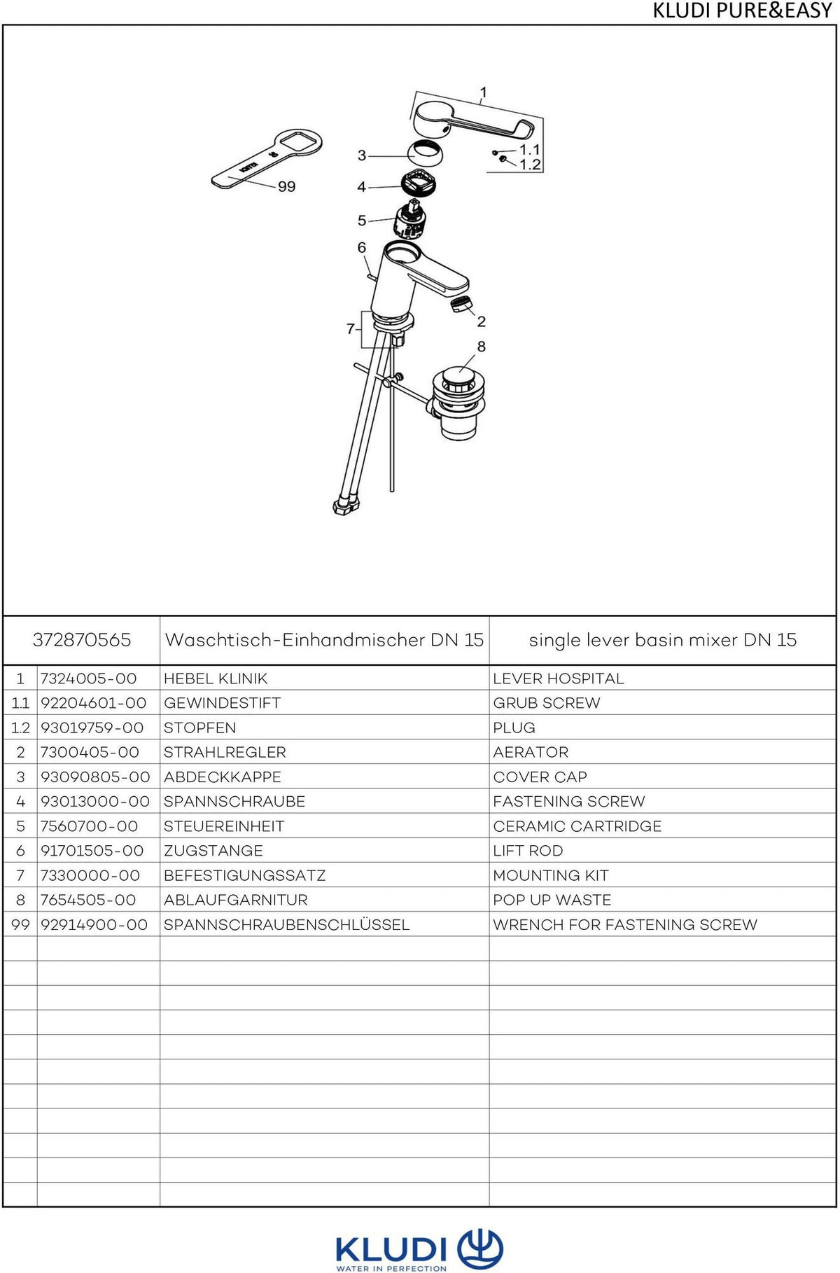 KLUDI PURE & EASY CARE Waschtisch-Einhandmischer mit Klinikhebel 180 mm – Chrom