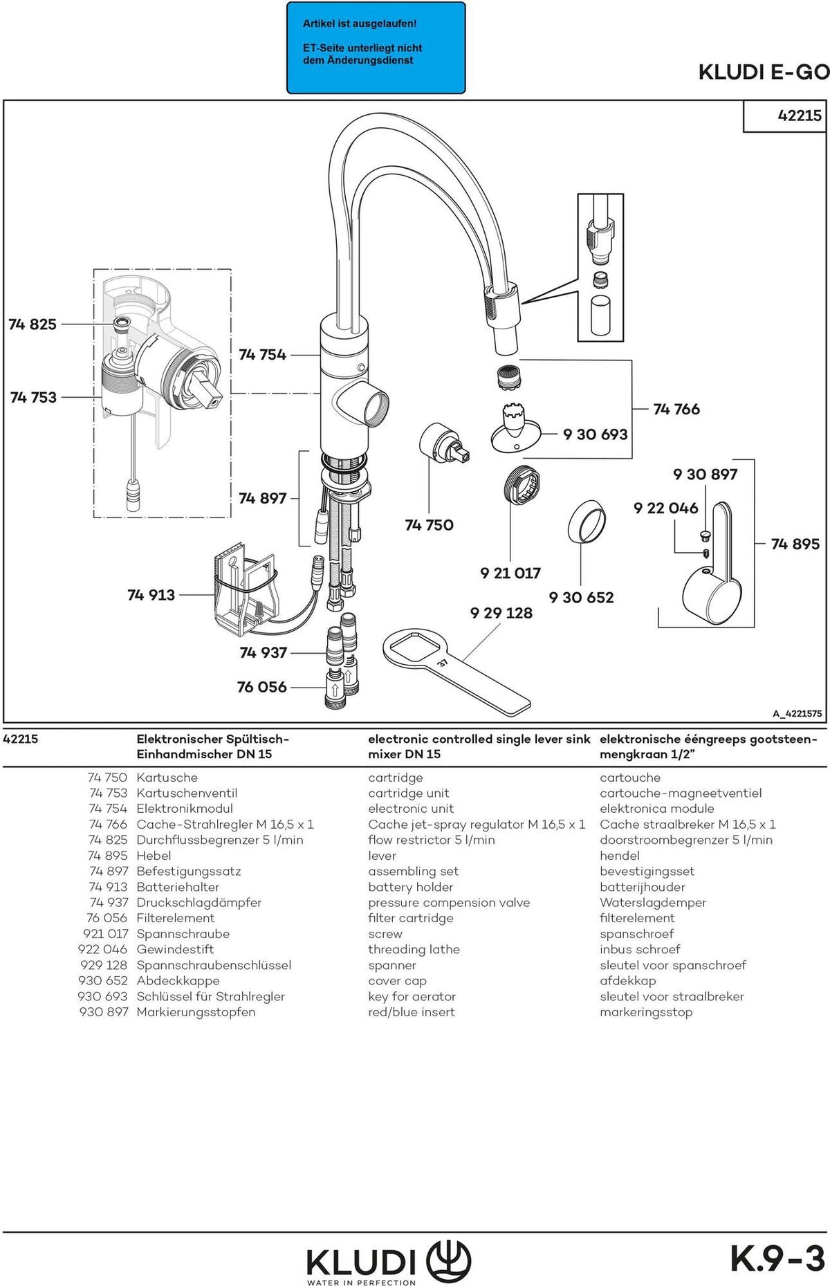 KLUDI E-GO DN 15 Spültisch-Einhandmischer elektronisch mit Netzgerät 230 V – chrom