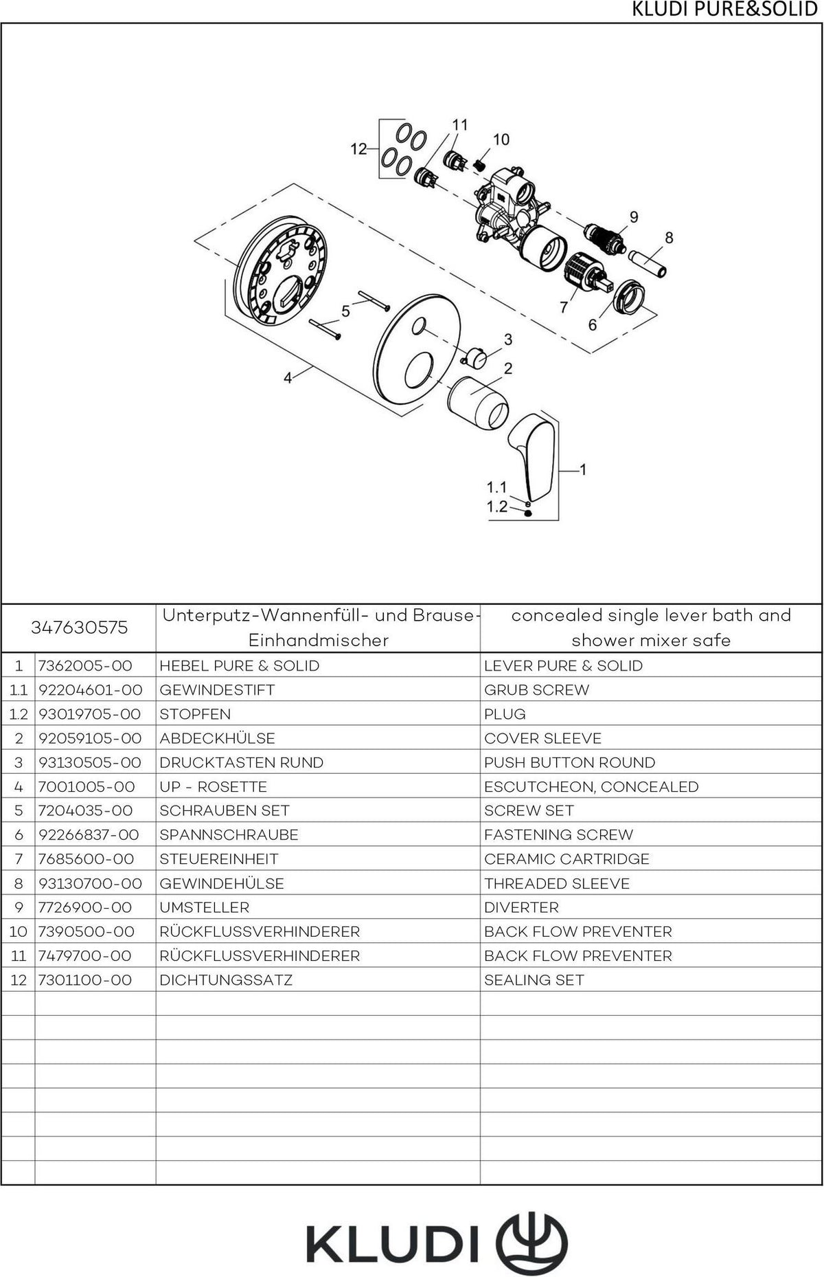 KLUDI PURE&SOLID Unterputz-Wannenfüll- und Brause-Einhandmischer, chrom, mit Funktionseinheit