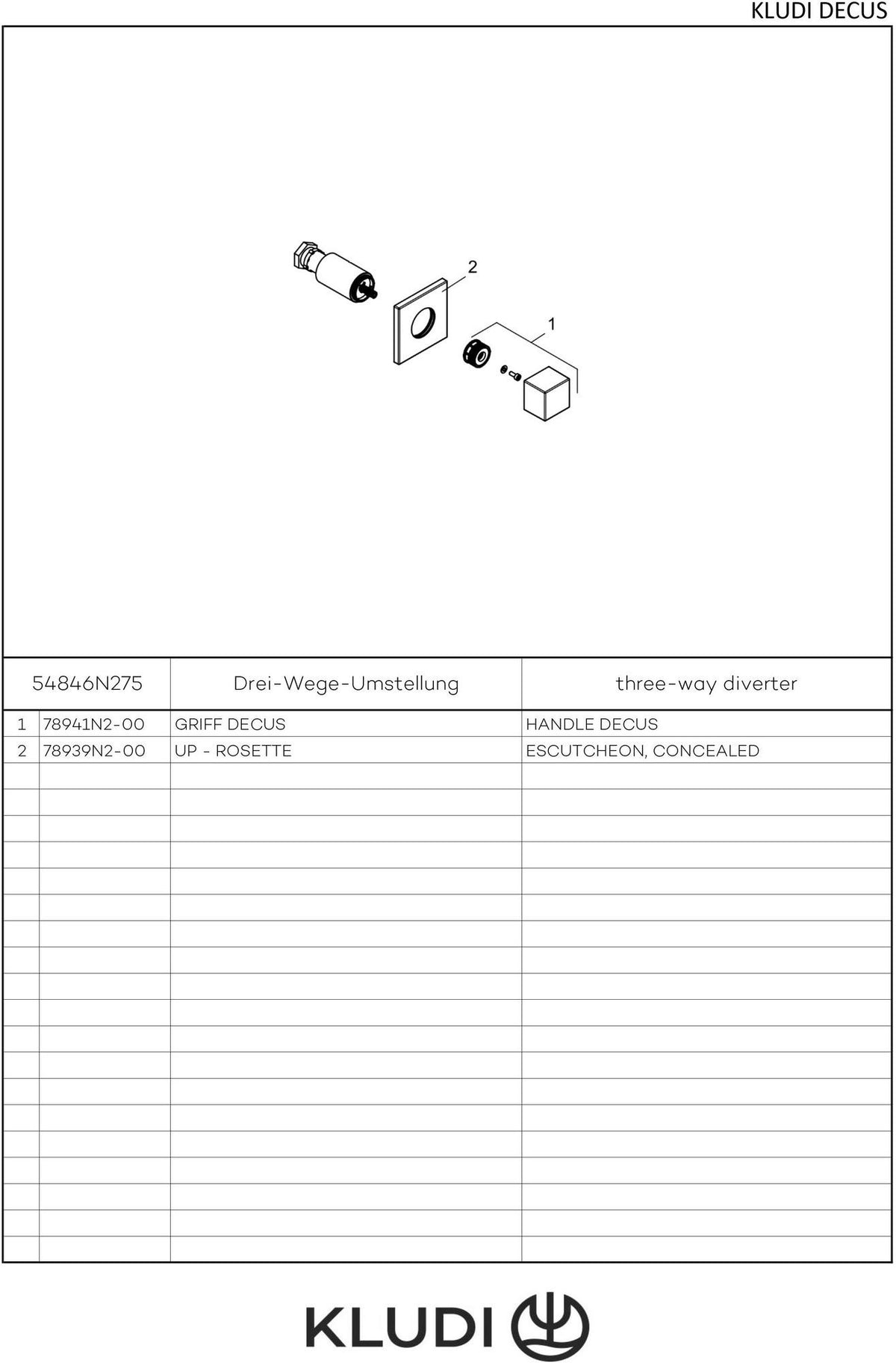 KLUDI DECUS 3-Wege-Umstellung Feinbau-Set chrom – variable Einbautiefe, Schubrosette 80 mm