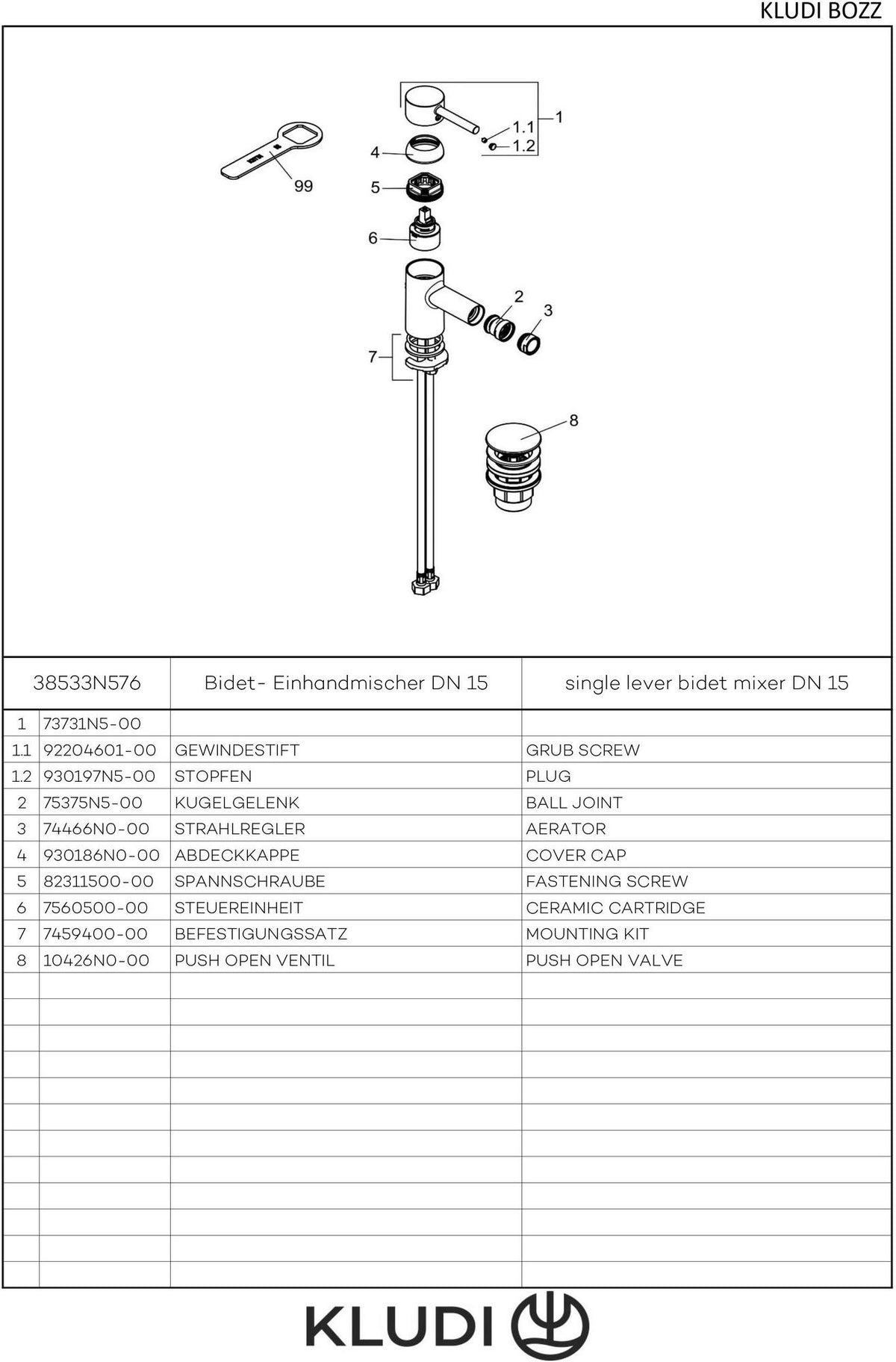 KLUDI BOZZ Bidet-Einhandmischer mit Zugstangen-Ablaufgarnitur, chrom
