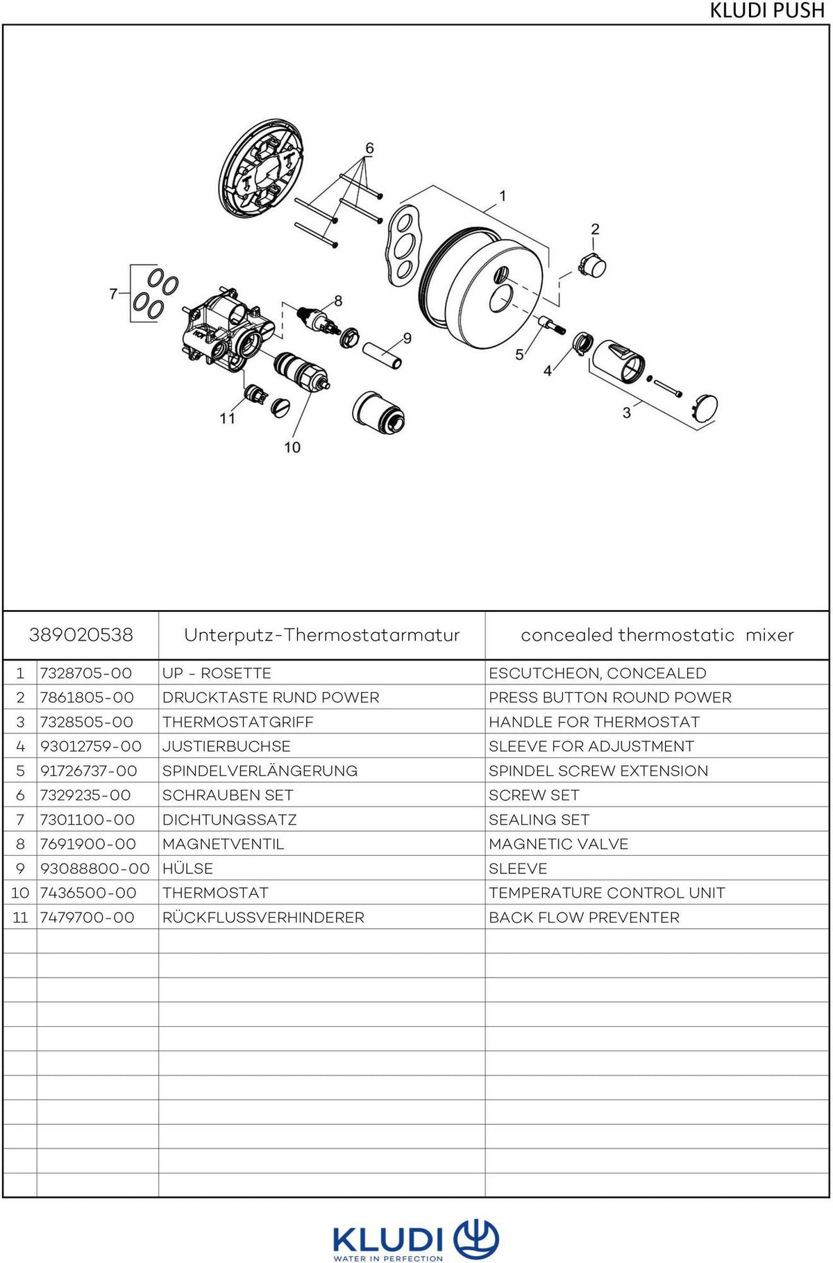 KLUDI PUSH UP-Thermostatarmatur mit Drucktaste für 1 Verbraucher, rund, chrom