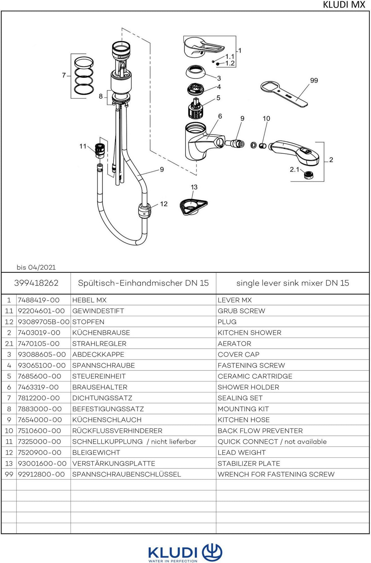 KLUDI MX Spültisch-Einhandmischer DN 15 mit herausziehbarer Geschirrbrause, chrom/mocca
