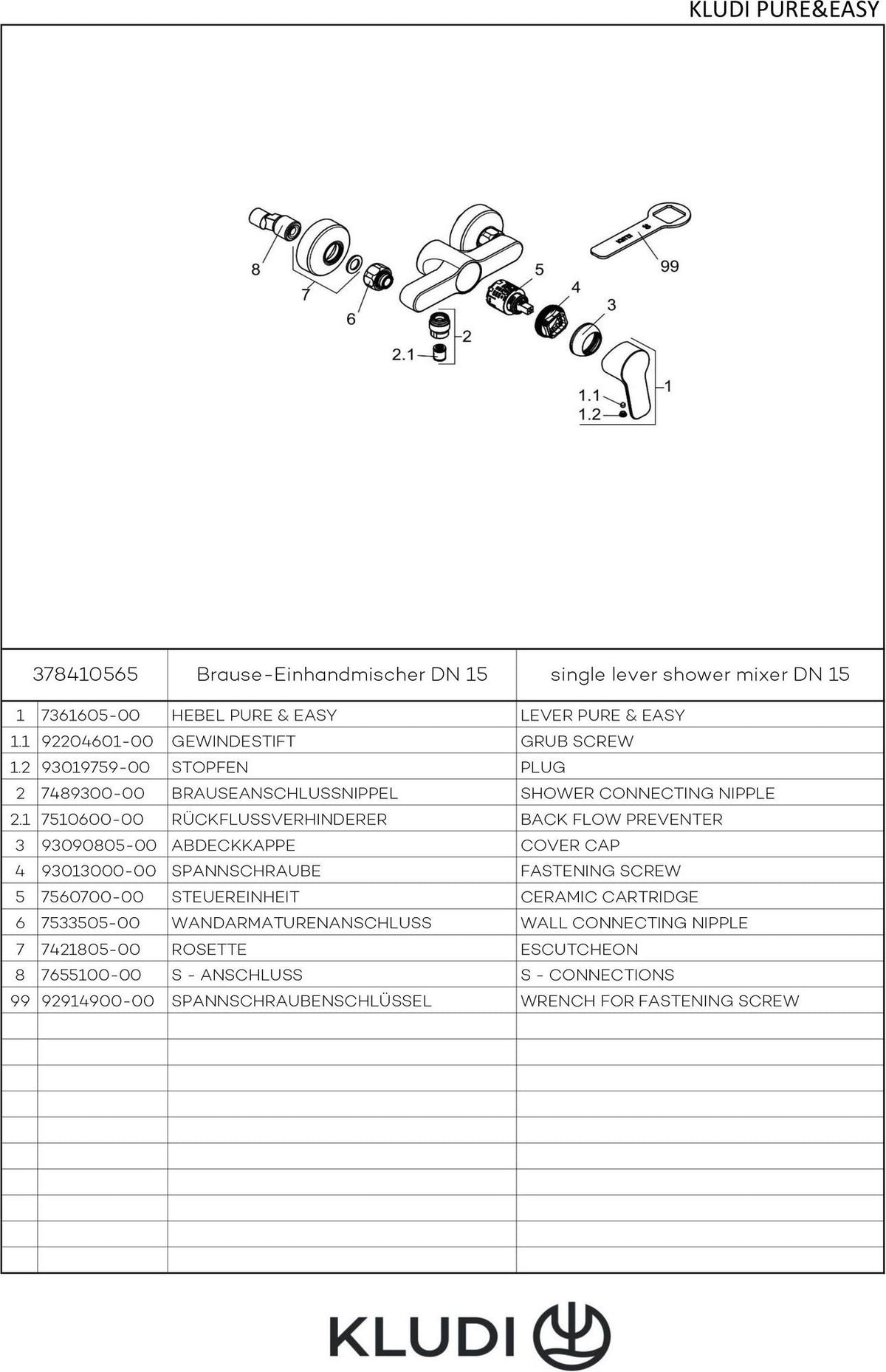 KLUDI PURE & EASY Brause-Einhandmischer eigensicher chrom – Wandmontage DN 15