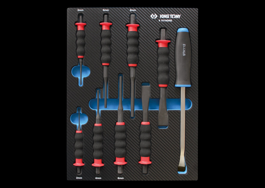 KING TONY Profi-Werkzeuge - Ummantelter Splinttreiber-Set mit Meißel, EVAWAVE - 9 tlg. 91019GRE