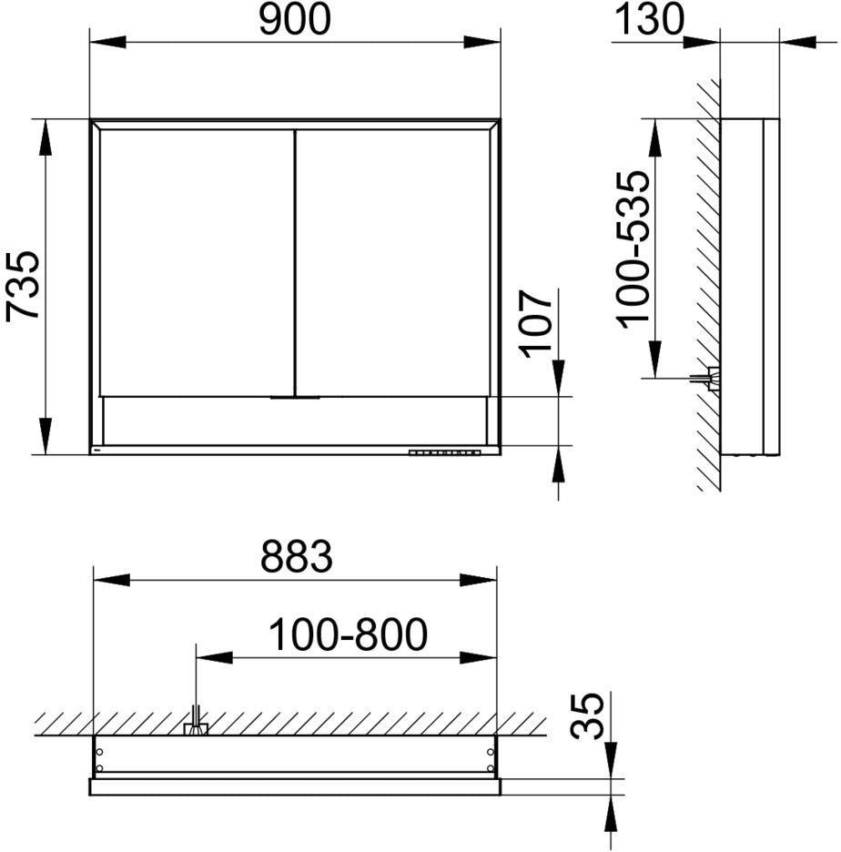 KEUCO Royal Lumos Spiegelschrank 900 mm silber-eloxiert mit Ablagefach – Wandvorbau
