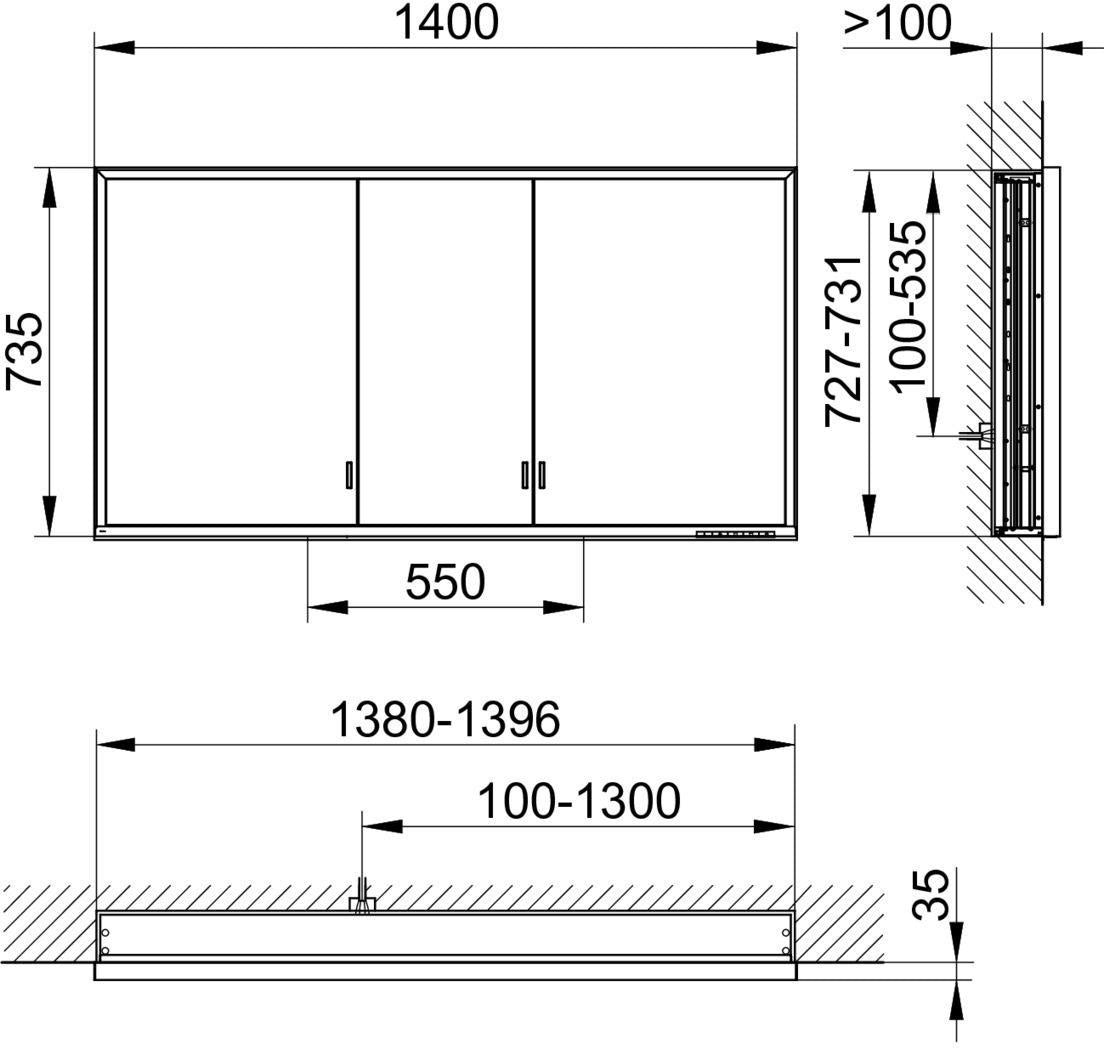 KEUCO Royal Lumos Spiegelschrank 1400 mm Wandeinbau silber-eloxiert mit Ablagefach