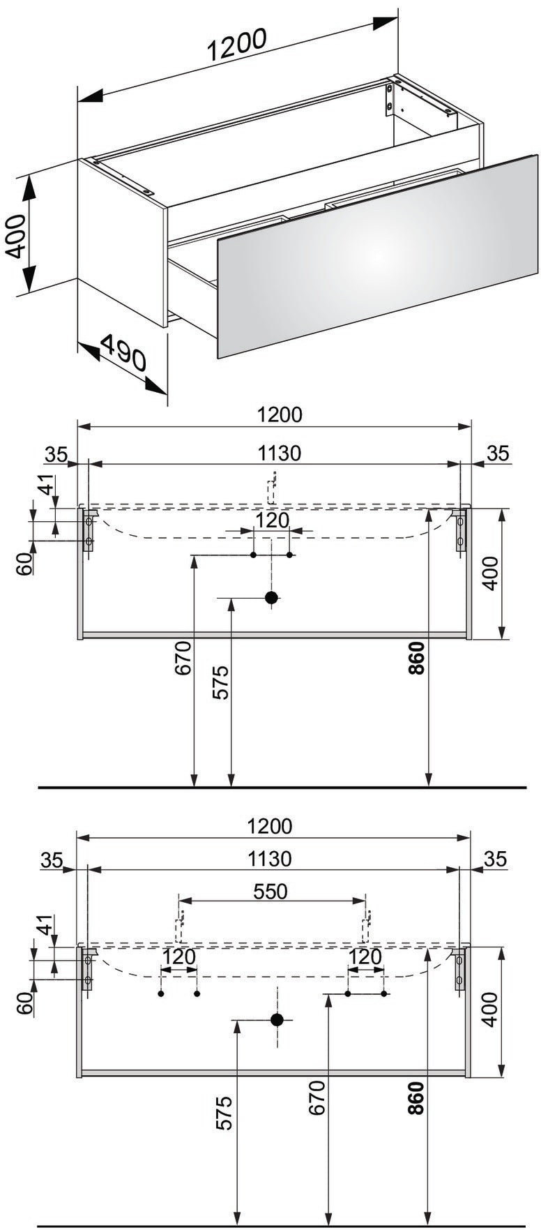 KEUCO X-Line Waschtischunterbau 1200 mm mit Auszug, anthrazit/Glas anthrazit – 1 Auszug, wandmontiert