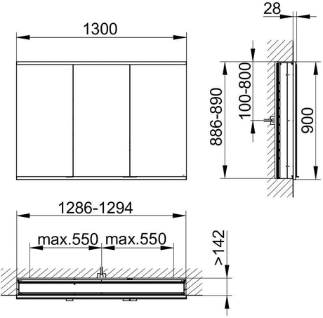 KEUCO Royal Modular 2.0 Spiegelschrank beleuchtet 900 mm, Wandeinbau, 2 Steckdosen, silber-eloxiert