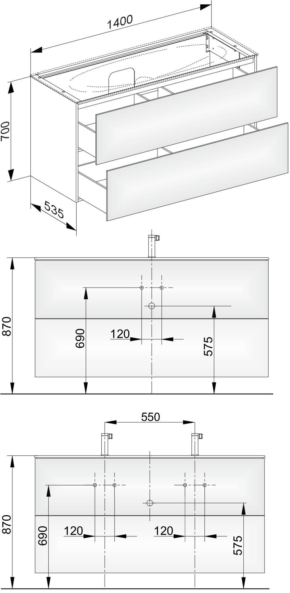 KEUCO Edition 11 Waschtischunterbau 1400 mm anthrazit/Glas mit 2 Auszügen und Push-Open