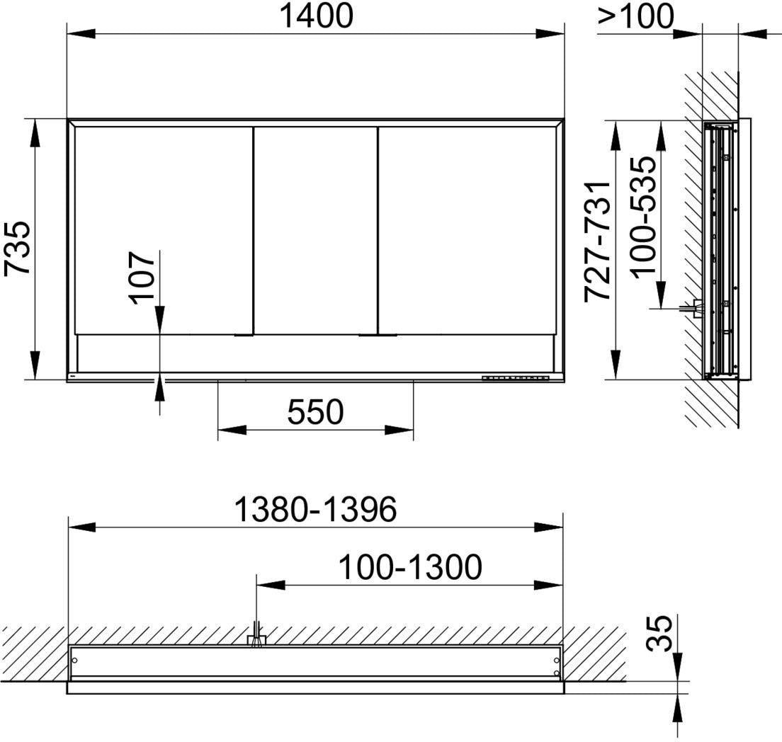 KEUCO Royal Lumos Spiegelschrank 1400 mm Wandeinbau silber-eloxiert mit Ablagefach
