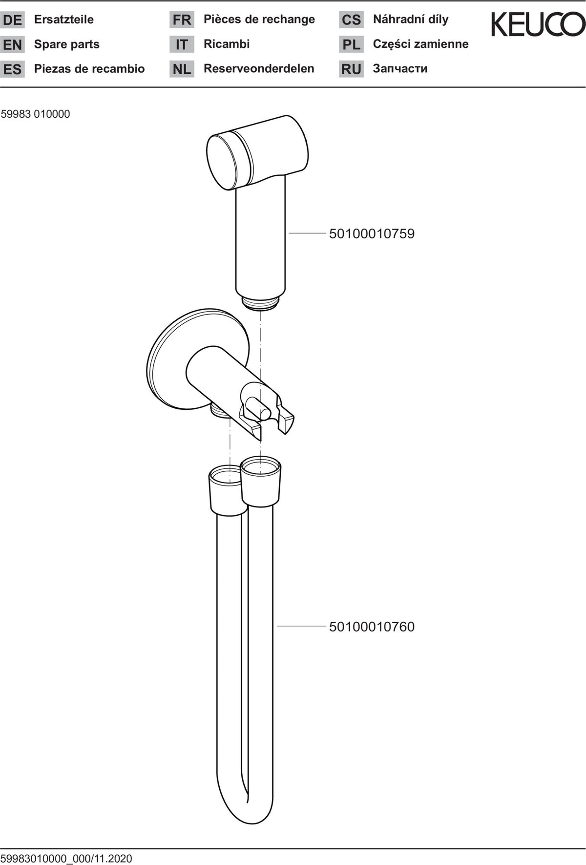 KEUCO Hygienebrause 59983 verchromt – Handbrause mit Brauseschlauch und Absperrventil