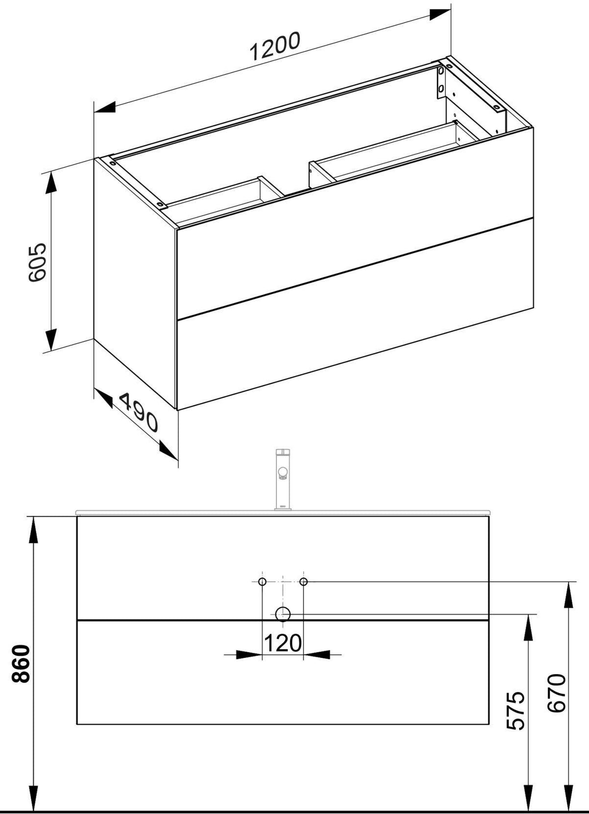 KEUCO X-Line Waschtischunterbau 1200 mm mit 2 Auszügen, anthrazit, wandmontiert, ohne Griff