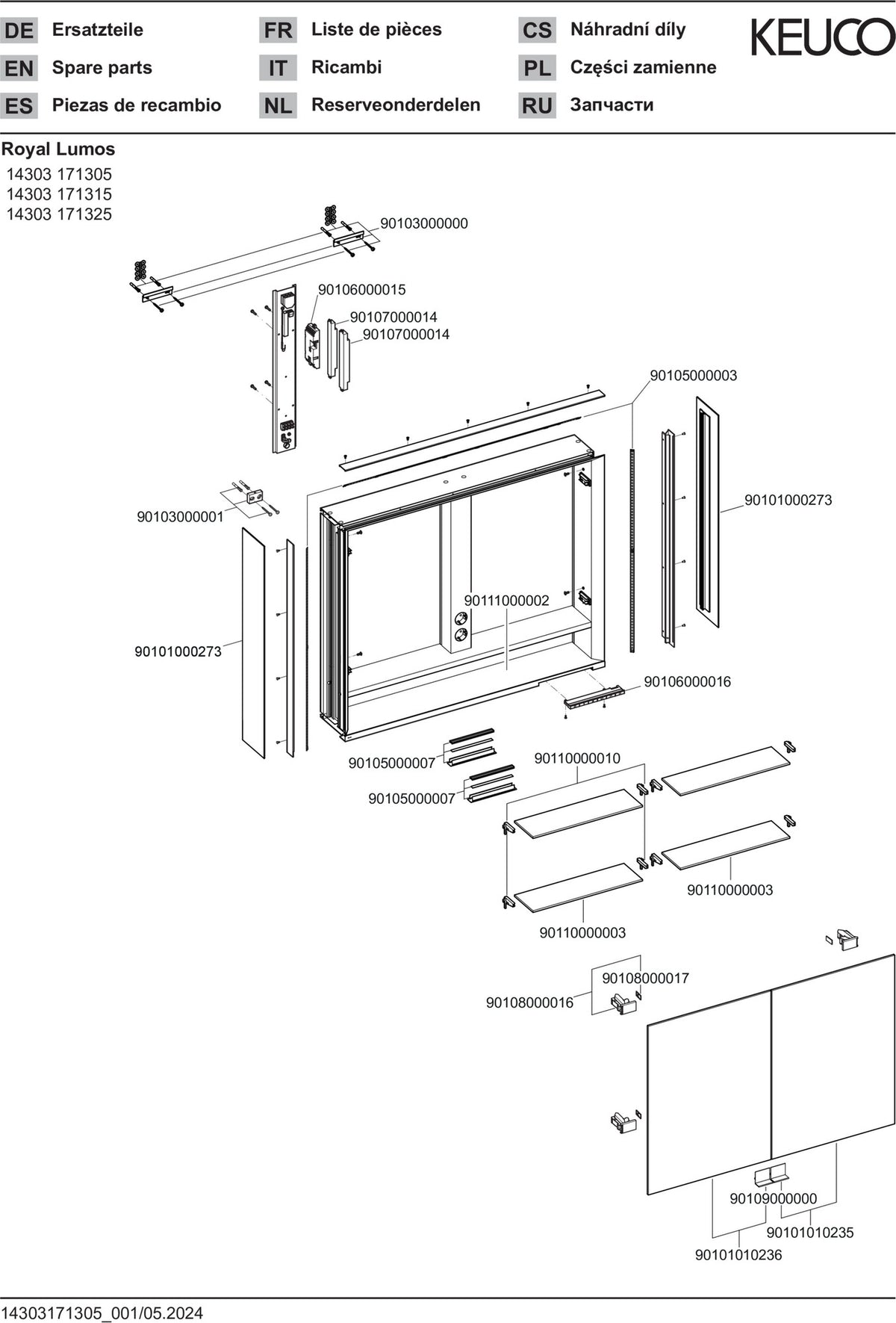 KEUCO Royal Lumos Spiegelschrank 900 mm mit LED-Beleuchtung, 2 Türen, silber-eloxiert