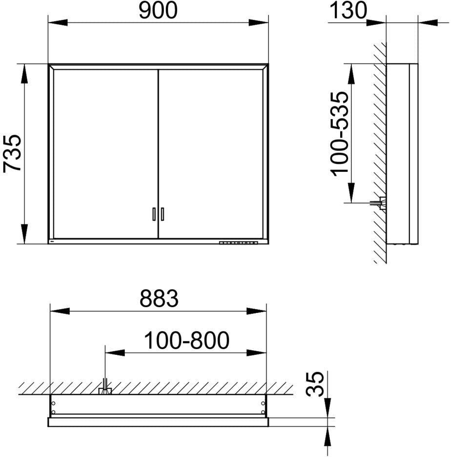 KEUCO Royal Lumos Spiegelschrank 900 mm silber-eloxiert mit Ablagefach – Wandvorbau