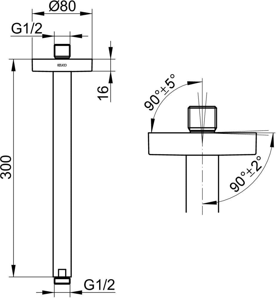 KEUCO Brausearm Elegance 51688, Deckenanschluss, 100 mm, verchromt – Rundes Design für die Deckenmontage