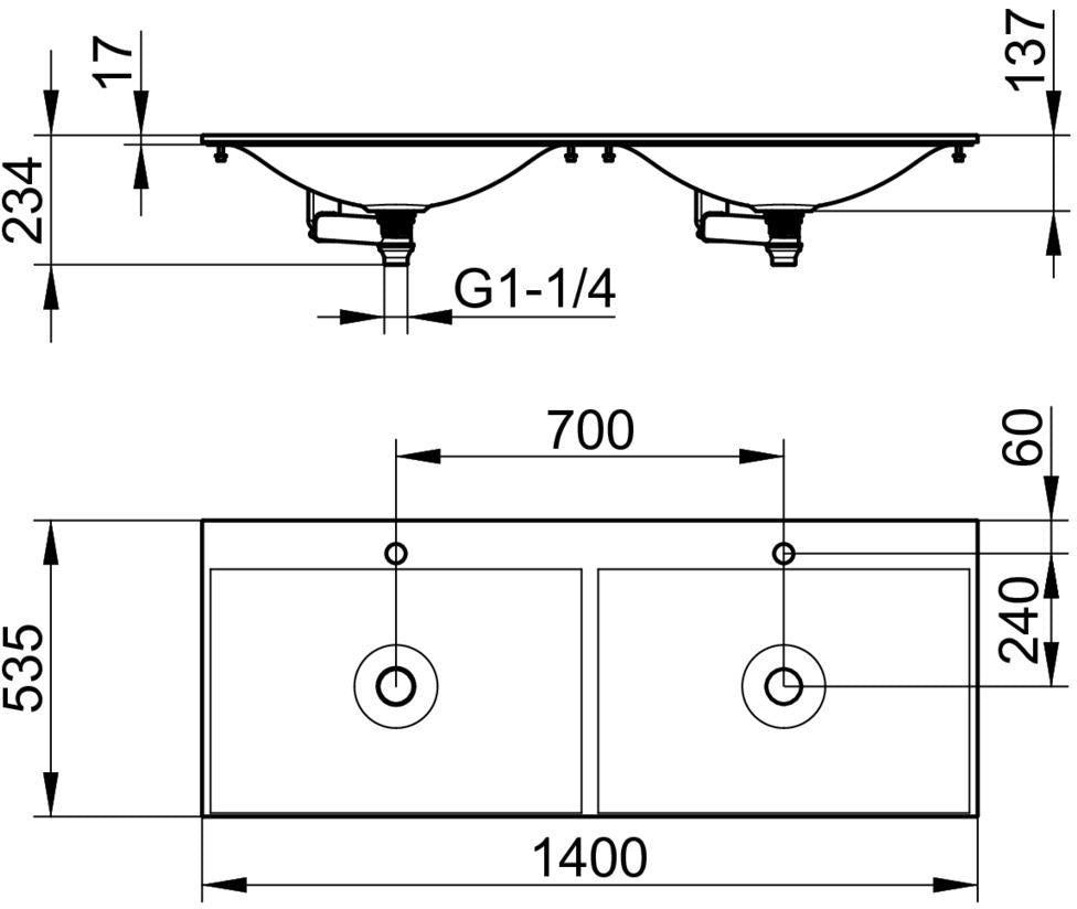 KEUCO Edition 11 Doppelwaschtisch Varicor 1400 mm arktis weiß seidenmatt ohne Hahnlochbohrung