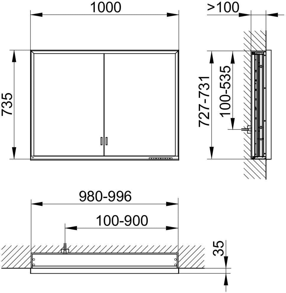 KEUCO Royal Lumos Spiegelschrank Wandeinbau 1000 x 735 x 130 mm silber-eloxiert mit Ablagefach