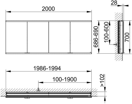 KEUCO Royal Modular 2.0 Spiegelschrank 2000 mm beleuchtet, Wandeinbau, silber-eloxiert