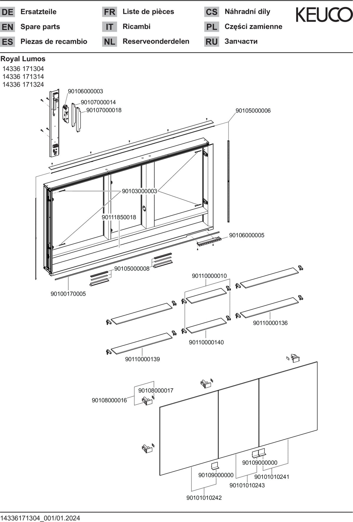 KEUCO Royal Lumos Spiegelschrank 1400 mm Wandeinbau silber-eloxiert mit Ablagefach