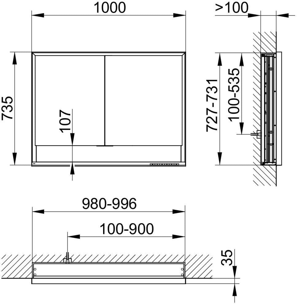 KEUCO Royal Lumos Spiegelschrank Wandeinbau 1000 x 735 x 130 mm silber-eloxiert mit Ablagefach