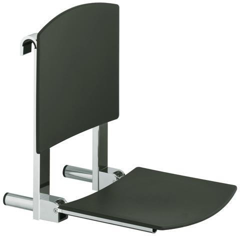 KEUCO Klappsitz Plan Care mit Rückenlehne – verchromt/schwarz, 110 kg, zum Einhängen