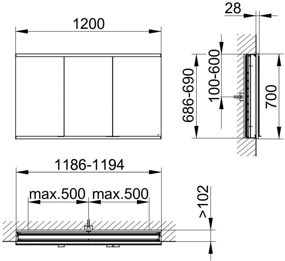 KEUCO Royal Modular 2.0 Spiegelschrank beleuchtet 900 mm Wandeinbau silber-eloxiert