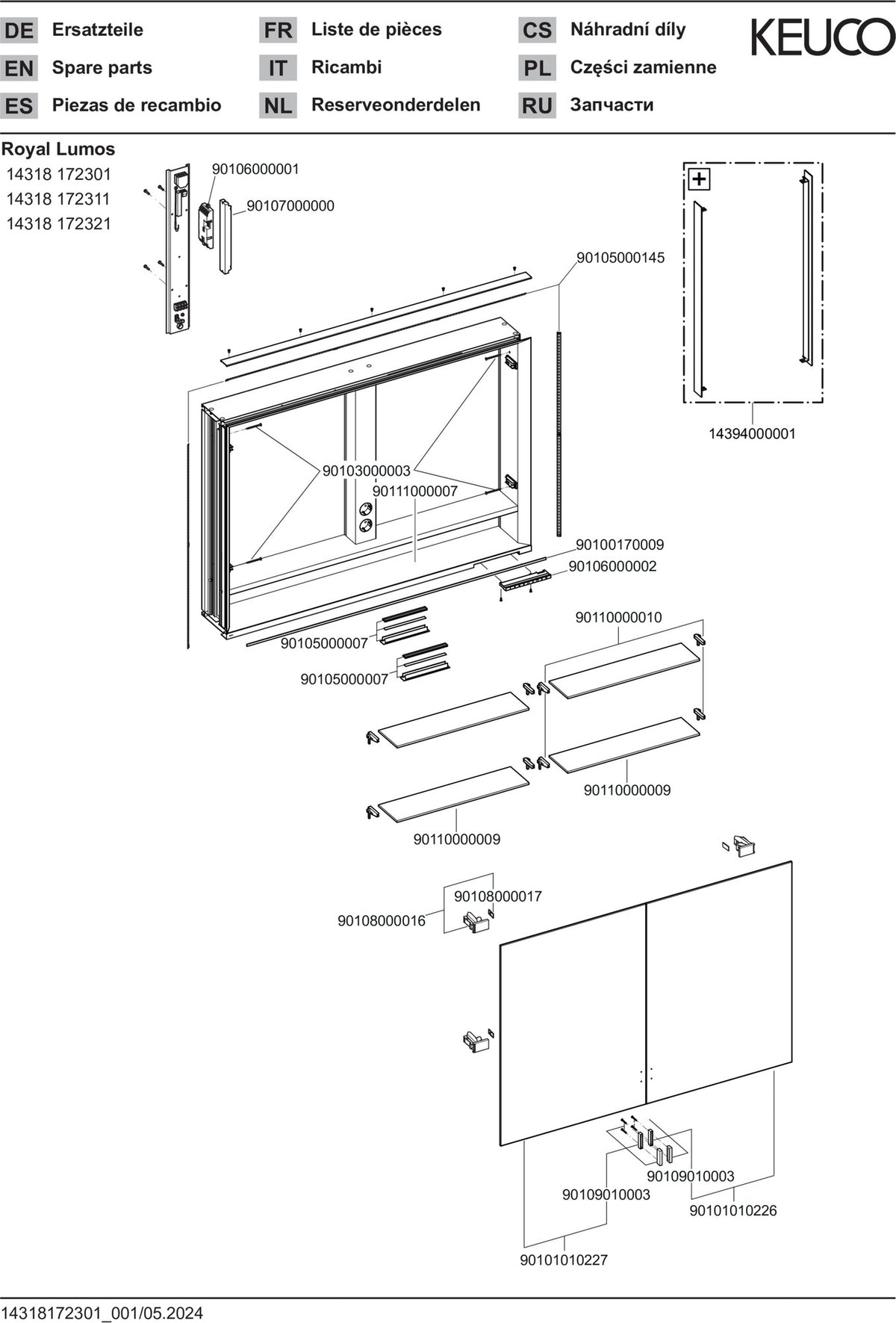 KEUCO Royal Lumos Spiegelschrank 1050 mm mit Beleuchtung und Ablagefach, silber-eloxiert