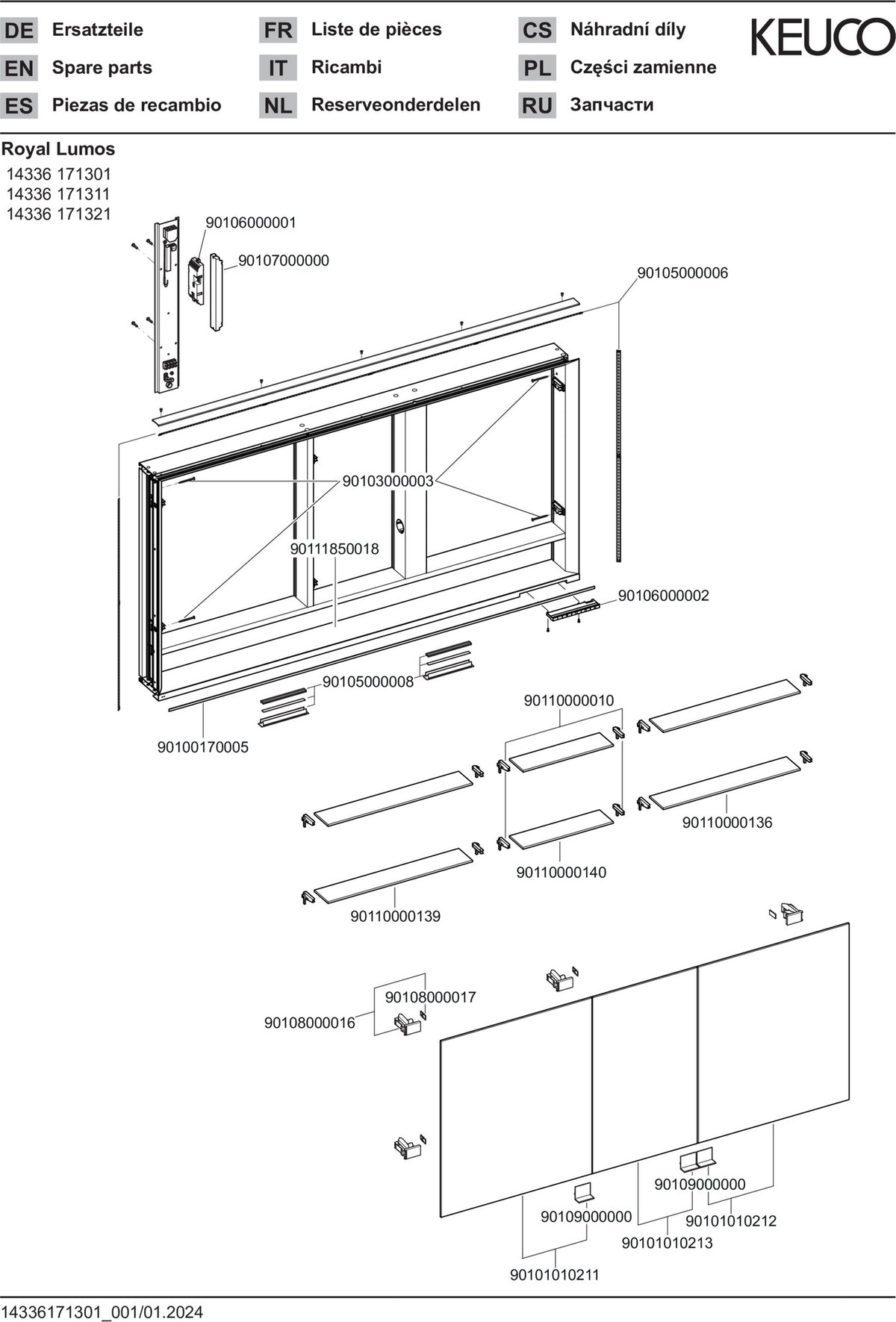 KEUCO Royal Lumos Spiegelschrank 1400 mm Wandeinbau silber-eloxiert mit Ablagefach