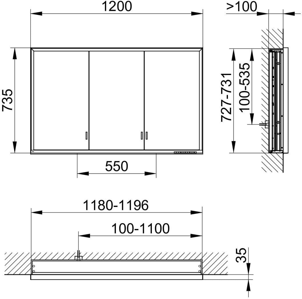 KEUCO Royal Lumos Spiegelschrank Wandeinbau 1200x735x130 mm silber-eloxiert mit Ablagefach