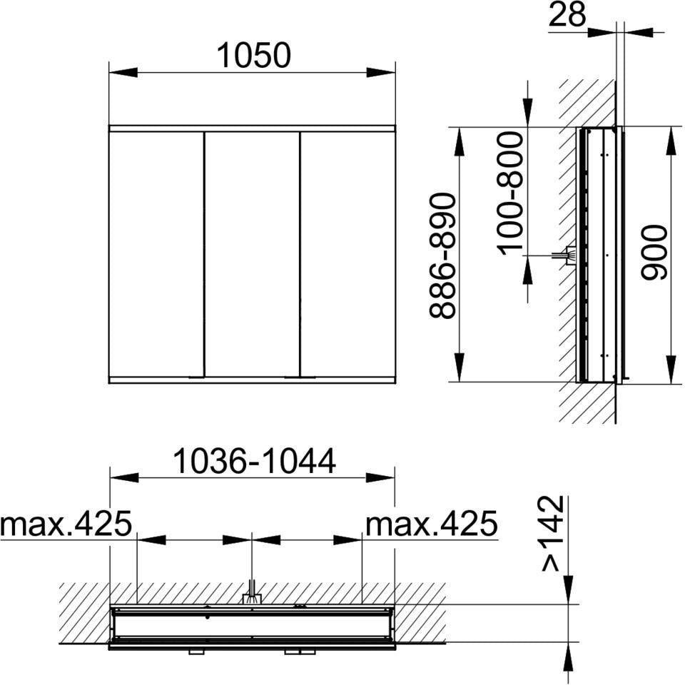 KEUCO Royal Modular 2.0 Spiegelschrank, 3 Türen, Wandeinbau, silber-eloxiert, 1050 mm